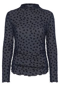 Langarm turtleneck shirt in donker marineblauw met een textuur van bloemmotieven. De stof is zacht, met ge gathered details en een scalloped zoom.