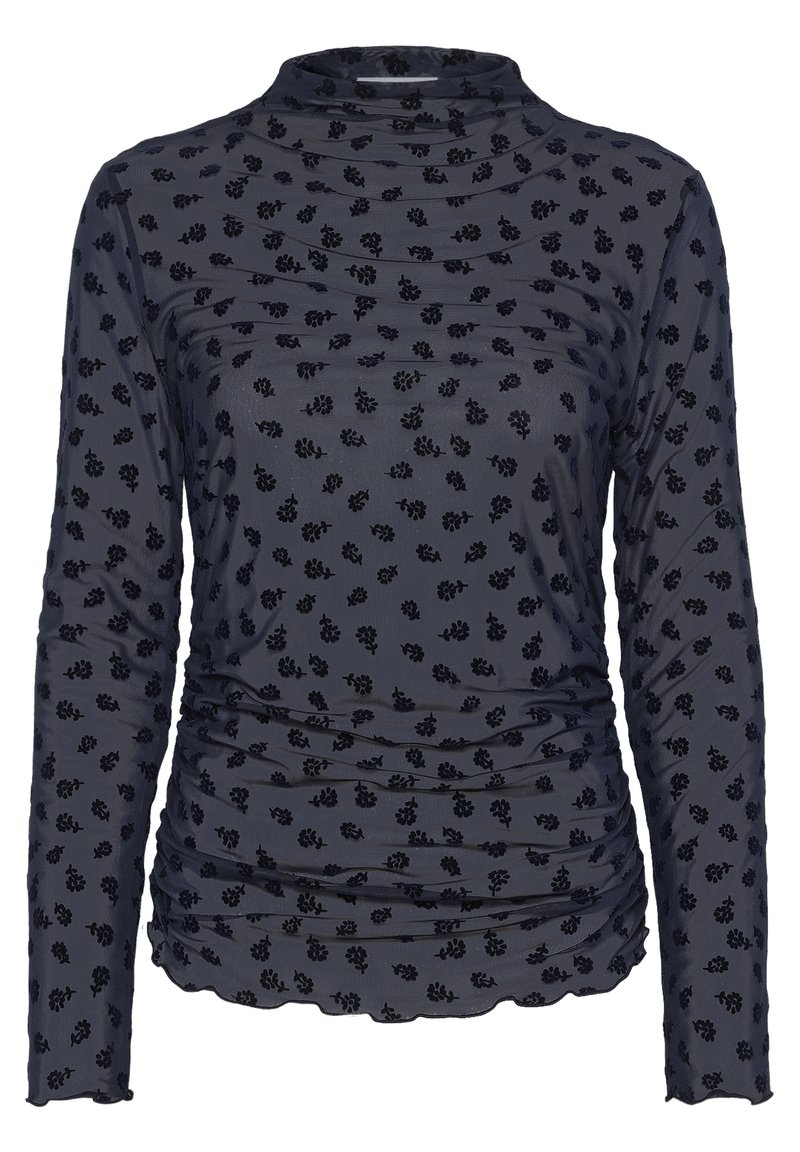Langærmet turtleneck skjorte i mørk navy med et struktureret blomster mønster. Stoffet er blødt, med rynkedetaljer og en scallop-kant.