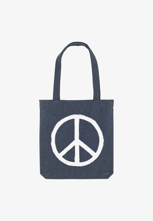 Denim draagtas met witte geborduurde vredessymbool. Heeft twee stevige handvatten en een rechthoekige vorm met een platte bodem.