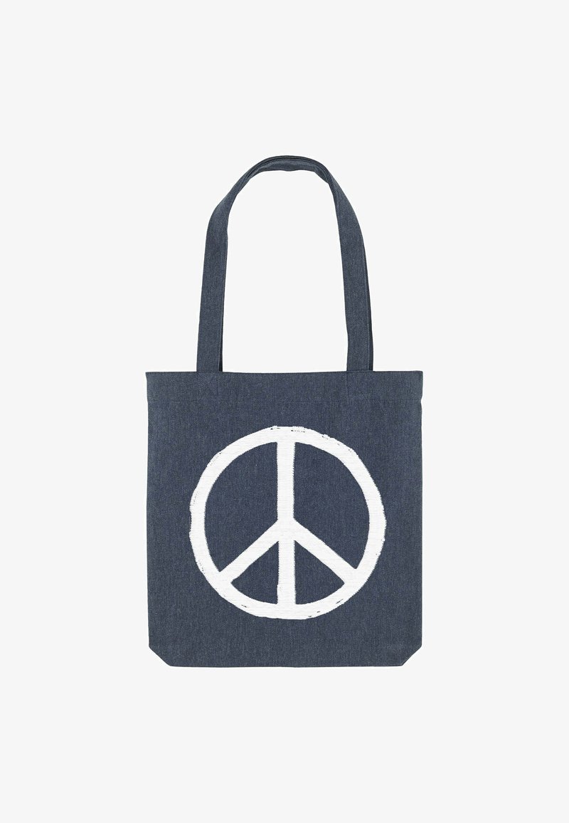 Borsa tote in denim con simbolo della pace ricamato in bianco. Presenta due manici per la spalla e una forma rettangolare. Colore: blu scuro.