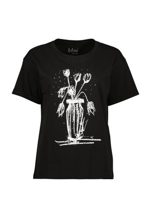 Schwarzes T-Shirt mit kurzen Ärmeln, das eine weiße Grafik einer Vase mit stilisierten Blumen zeigt. Minimalistisches Design mit weichem Stoff und bequemen Schnitt.