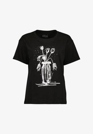 T-shirt noir à manches courtes avec un graphique blanc d'un vase contenant des fleurs stylisées. Design minimaliste avec une texture douce et une coupe décontractée.