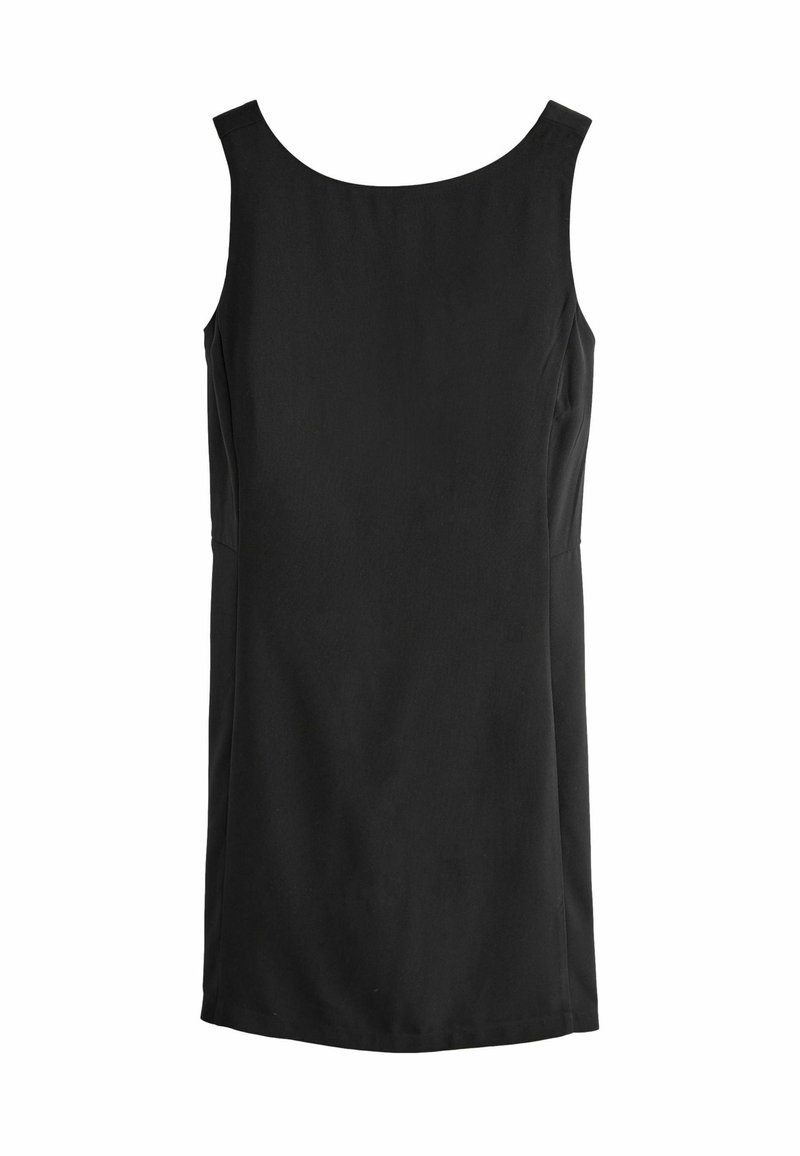 Rochie neagră fără mâneci, cu decolteu rotund, design simplu, croi drept, textură netedă și fără modele sau broderii vizibile.