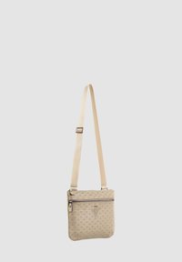Borsa a tracolla beige con motivo geometrico, superficie testurizzata, tasca con zip singola e tracolla regolabile. Design compatto per una facile portabilità.