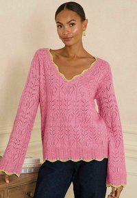 Roze gebreide trui met een diepe V-hals, ingewikkelde bladerenpatronen, lange klokmouwen en een geschulpte zoom met een contrasterende gouden rand.