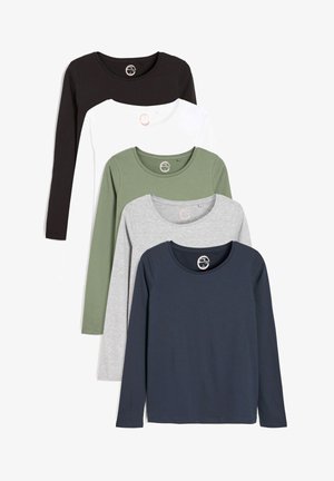 Set of four long-sleeve tops in black, white, olive green, light gray, and navy blue. All feature a rounded neckline and soft fabric.