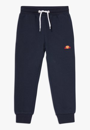 Donkerblauwe joggingbroek met elastische tailleband, witte trekkoord, geribbelde boorden en klein oranje-rood logo op de linker dij.