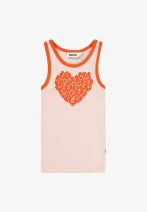 Mouwloos kinderhemd in lichtroze katoen, met een ontwerp van een oranje hart gemaakt van lachende gezichten. Contrasterende oranje bies bij de halslijn en armen.