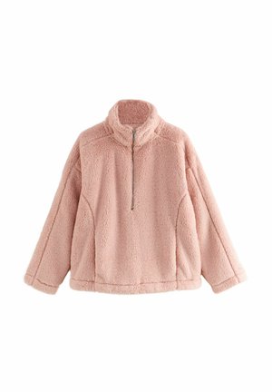 Lyserød, fluffy pullover med høj krave, der har en kort lynlås og en løs pasform, lavet af blødt, struktureret stof.