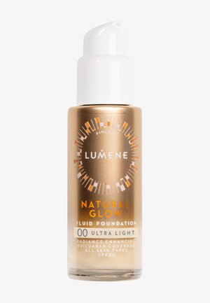 Flacon de fond de teint fluide Lumene Natural Glow, teinte 00 Ultra Clair, avec pompe distributrice pour un éclat naturel, couvrance modulable, SPF 20.