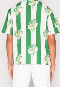 Košile s krátkým rukávem se zelenými a bílými svislými pruhy, s květinovým a hadím vzorem v živých barvách. Bavlněný materiál.