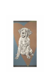 Rechthoekige stof met een grote, gedetailleerde zwart-wit illustratie van een hond tegen een hartvormige bruine en blauwe achtergrond.