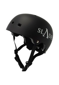 Sort skatehjælp med mat finish, justerbare stropper og ventilationshuller. Har et logo i hvidt på siden.
