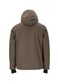 Kapuz jacket in dunkelolivgrün mit einer glatten, wasserabweisenden Außenseite, schwarzen Akzenten an den Bündchen und einem minimalistischen Design.
