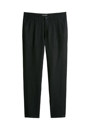 Schwarze maßgeschneiderte Hose mit Seitentaschen, Knopfverschluss und Gürtelschlaufen, gerade Schnittform.