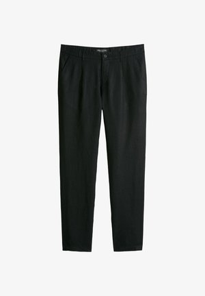 Schwarze maßgeschneiderte Hose mit Seitentaschen, Knopfverschluss und Gürtelschlaufen, gerade Schnittform.