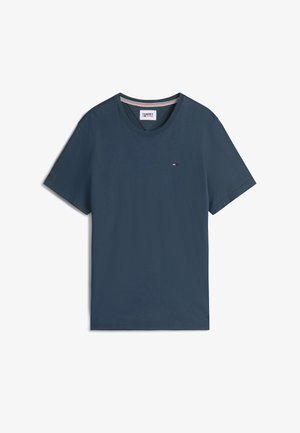 Navy blue short-sleeve T-shirt made of cotton, featuring a crew neck and a small logo embroidered on the chest. Simple design, smooth texture.