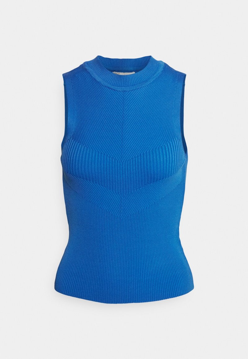 Haut tricoté bleu sans manches avec col montant et motif chevron texturé sur le devant, coupe cintrée, présenté sur un fond uni.