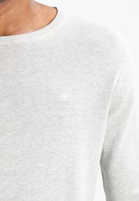 Hellgrauer, langärmliger Pullover aus weichem Strickstoff. Verfügt über einen Rundhalsausschnitt und ein kleines, dezentes Logo auf der Brust.