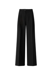 Pantaloni neri a gamba larga realizzati in tessuto liscio con vestibilità strutturata. Presentano una chiusura con bottone e tasche laterali. Design con fronte piatto.