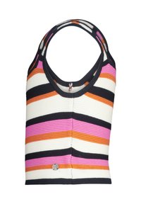 Gestreiftes Tanktop mit einer gerippten Textur in den Farben: Weiß, Pink, Orange, Schwarz. Rundhalsausschnitt und ein kleines silbernes Logo-Detail am Saum.