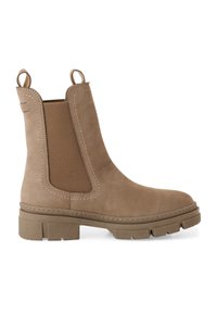 Bottes chelsea en daim marron avec des panneaux élastiques sur les côtés, bout renforcé et semelle en caoutchouc texturé. Détails cousus le long des coutures.