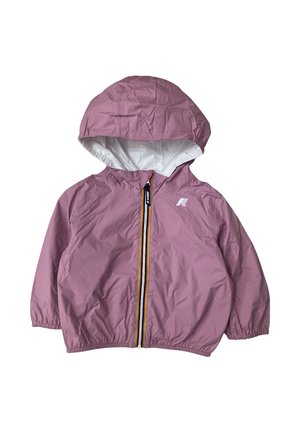 Giacca con cappuccio da bambino color lilla chiaro, fodera interna bianca, polsini elasticizzati e cerniera frontale decorata da strisce multicolori.