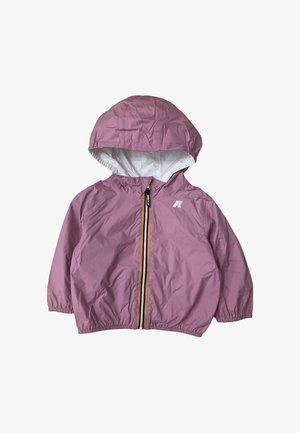 Giacca con cappuccio da bambino color lilla chiaro, fodera interna bianca, polsini elasticizzati e cerniera frontale decorata da strisce multicolori.