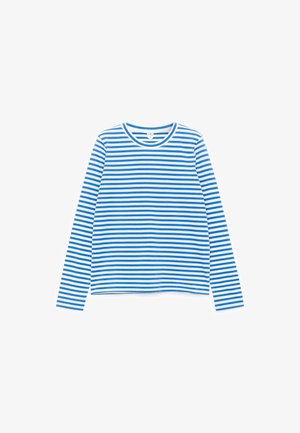 Chemise à manches longues avec des rayures horizontales bleues et blanches, col rond, tissu doux et coupe décontractée. Pas de logos ni de motifs visibles.
