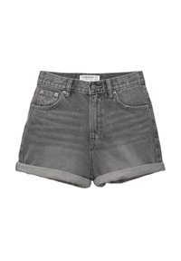 Short en jean gris avec ourlets retroussés, fermeture à boutons, poches avant et passants de ceinture, présenté sur fond blanc.