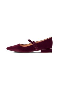 Zapato plano Mary Jane de terciopelo burdeos oscuro para mujer, con punta afilada y tacón cuadrado bajo, sobre fondo blanco.