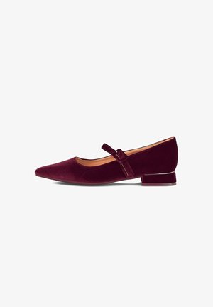 Scarpe flat Mary Jane in velluto bordeaux scuro per donna, con punta affilata e tacco quadrato basso su sfondo bianco.