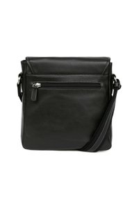 Borsa a tracolla in pelle nera con superficie texturizzata, tasca frontale con zip, tracolla e dettagli di cucitura discreti.