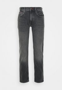 Tmavě šedé džíny z denimu s designem pěti kapes, zapínáním na knoflík a jemným vybledlým detailem na stehnech a kolenou.