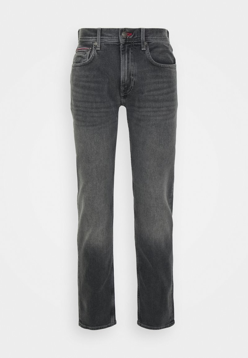 Tmavě šedé džíny z denimu s designem pěti kapes, zapínáním na knoflík a jemným vybledlým detailem na stehnech a kolenou.