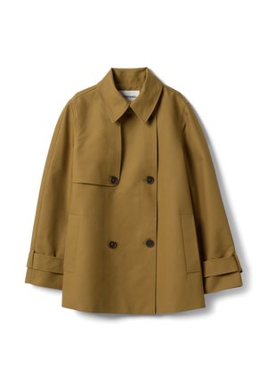 Kort camelkleurig, dubbelgeknoopt trenchcoat met brede kraag, stormflap aan de voorkant, zijzakken en verstelbare riemmanchetten.