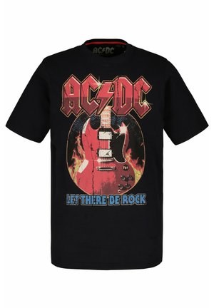 Černé bavlněné tričko s velkým grafickým motivem červené elektrické kytary, plameny a textem "AC/DC Nechť je rock" v výrazných barvách.