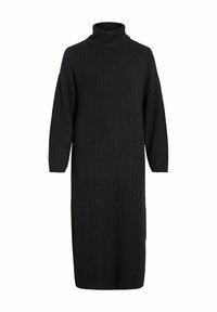 Melnā adītā kleita ar augstu turtleni, garām piedurknēm un vertikālu ribu struktūru. Pusgarš dizains ar brīvu piegriezumu.
