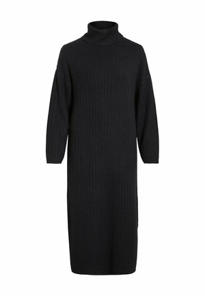 Melnā adītā kleita ar augstu turtleni, garām piedurknēm un vertikālu ribu struktūru. Pusgarš dizains ar brīvu piegriezumu.
