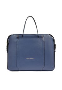 Bolso para portátil de cuero azul con doble asa y cierre de cremallera. Cuenta con un bolsillo delantero y logo en relieve. Textura suave y diseño elegante.