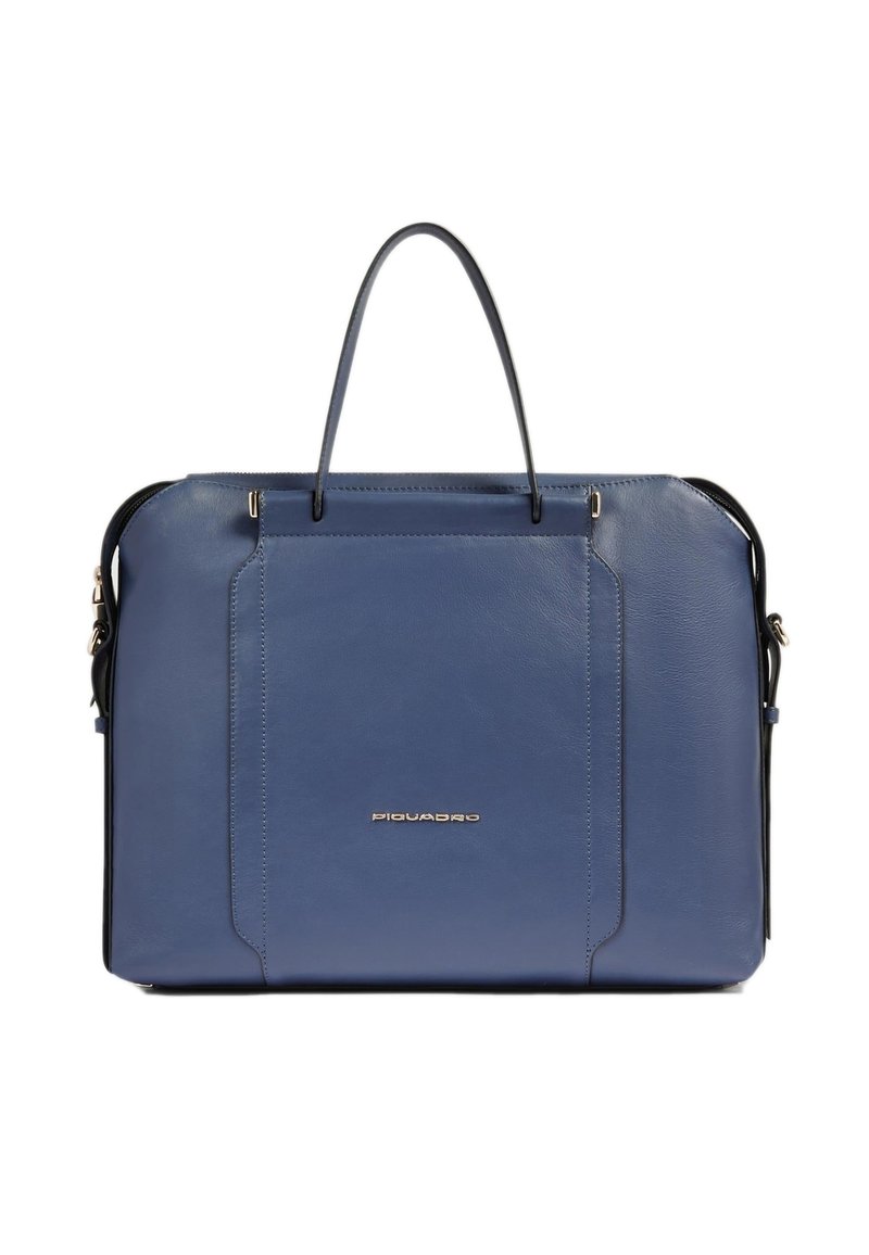 Bolso para portátil de cuero azul con doble asa y cierre de cremallera. Cuenta con un bolsillo delantero y logo en relieve. Textura suave y diseño elegante.