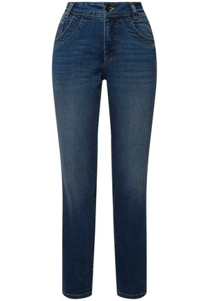 Jeans in denim blu scuro con un design a gamba dritta, dotati di tasche frontali, patta con zip e dettagli di cucitura a contrasto.