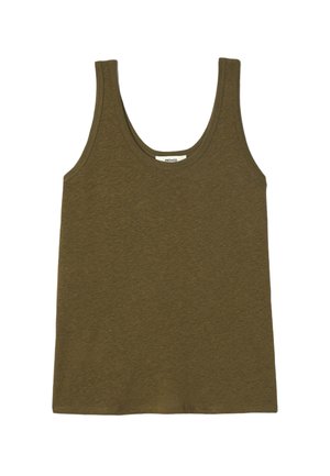 Débardeur sans manches vert olive avec un col rond, design simple et texture de tissu douce, posé à plat sur un fond blanc.