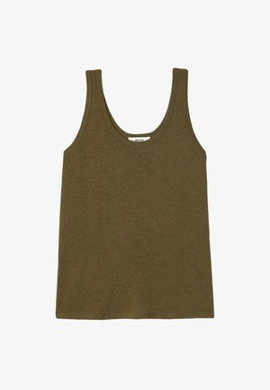 Débardeur sans manches vert olive avec un col rond, design simple et texture de tissu douce, posé à plat sur un fond blanc.