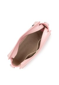 Borsa in pelle rosa chiaro con chiusura a zip. L'interno presenta una fodera beige e due tasche laterali per l'organizzazione.
