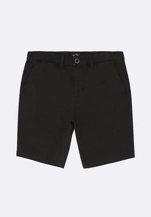 Black cotton shorts featuring a front button closure, belt loops, and two side pockets with a smooth texture and straight cut.
