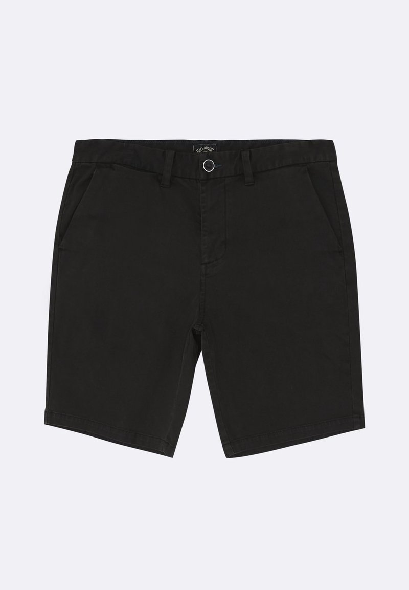 Pantaloni corti neri in cotone con chiusura frontale a bottoni, passanti per la cintura e due tasche laterali, con una texture liscia e un taglio dritto.