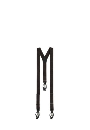  Tirantes elásticos negros ajustables con lazos de botón de cuero y clips metálicos plateados, diseñados para sujetar los pantalones.
