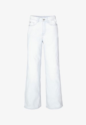 Hellblaue weite Jeans aus Denim mit einem Knopf- und Reißverschluss, frontalen Taschen und einem leicht fransigen Saum.