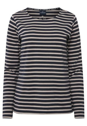 T-shirt à manches longues à rayures horizontales bleu marine et beige, col rond, tissu doux, coupe décontractée, avec étiquette de la marque au niveau du col.